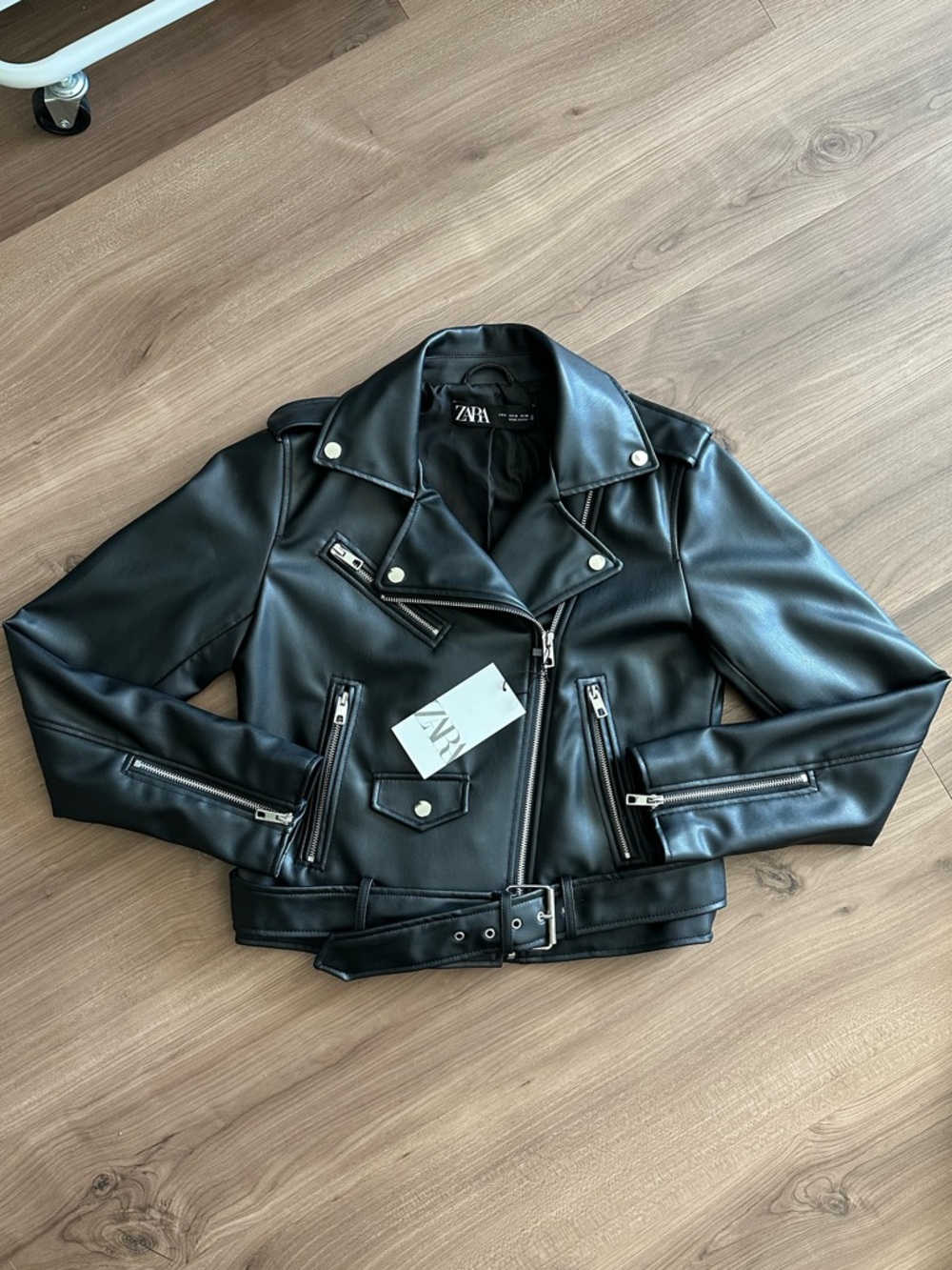 Zara black leather jacket with belt